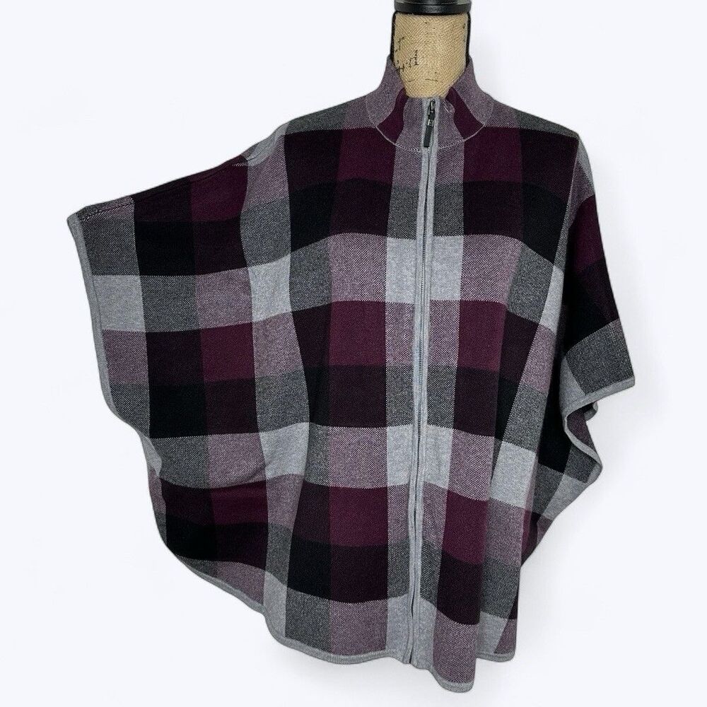 Tahari Plaid Zip Up Poncho Sweater Sz L XL Fall Stadium Game Layer Preppy Travel